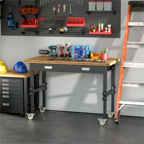 47" Garage Work Bench with Drawer and Wheels, Height Adjustable Legs, Bamboo Tabletop Workstation Tool Table