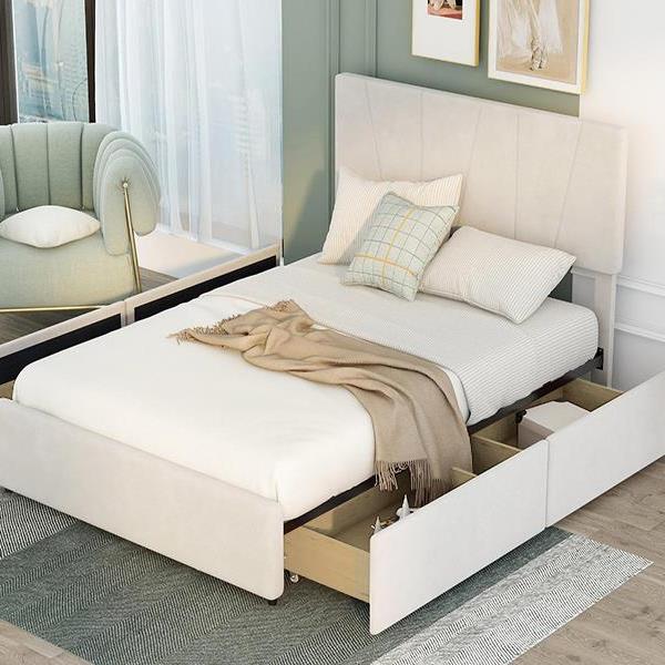 Full Size Upholstery Platform Bed with Four Drawers on Two Sides, Adjustable Headboard, Beige