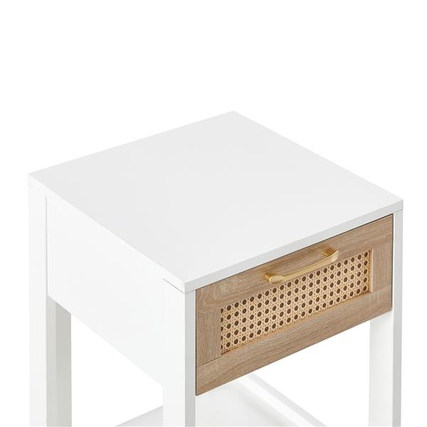 15.75" Rattan End table with  drawer, Modern nightstand, side table for living room, bedroom,white