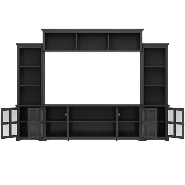 Minimalism Style Entertainment Wall Unit with Bridge, Modern TV Console Table for TVs Up to 70", Multifunctional TV Stand with Tempered Glass Door, Black