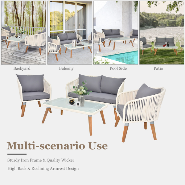 4 Piece Patio Furniture Set, Outdoor Acacia Wood Conversation Set, All-Weather Rope Sofa Set with Coffee Table, Loveseat, Modern Deep Seating Set for Lawn Balcony Poolside, White Rope & Grey Cushion