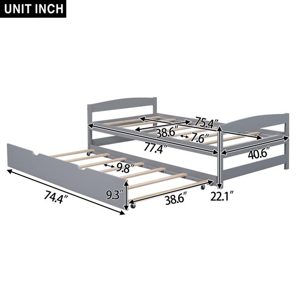 Twin Size Platform Bed with Twin Size Trundle, Gray