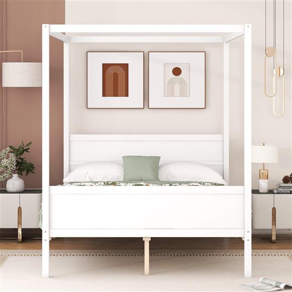 Queen Size Canopy Platform Bed with Headboard and Footboard,Slat Support Leg - White