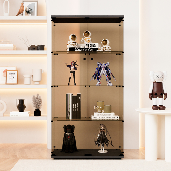 Two-door Tawny Glass Display Cabinet 4 Shelves with Door, Floor Standing Curio Bookshelf for Living Room Bedroom Office, 64.7"*31.7"*14.3",Black 