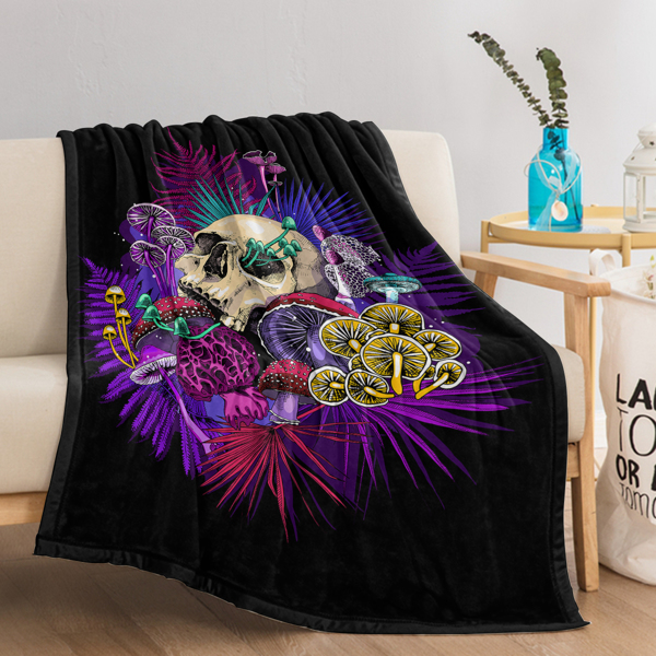 Mushroom Printed Flannel Throw Blanket Colorful Ultra-Soft Fuzzy Lightweight Flannel Skull Throw Blankets for Couch Bed Sofa All Season Warm Cozy Camping Picnic Suit for Adults 130X150cm