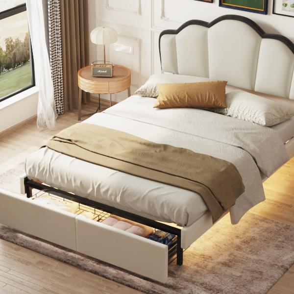 Full Size Upholstered Princess Platform Bed with LED and 2 Storage Drawers, Beige