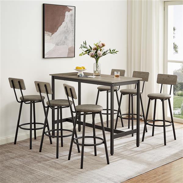 Pub High Dining Table 7 Piece Set, Industrial Style Pub Table, 6 PU Leather Bar Chairs for Kitchen Breakfast Table, Living Room, Bar, Rustic Grey, 47.2″L x 23.6"W x 35.4"H