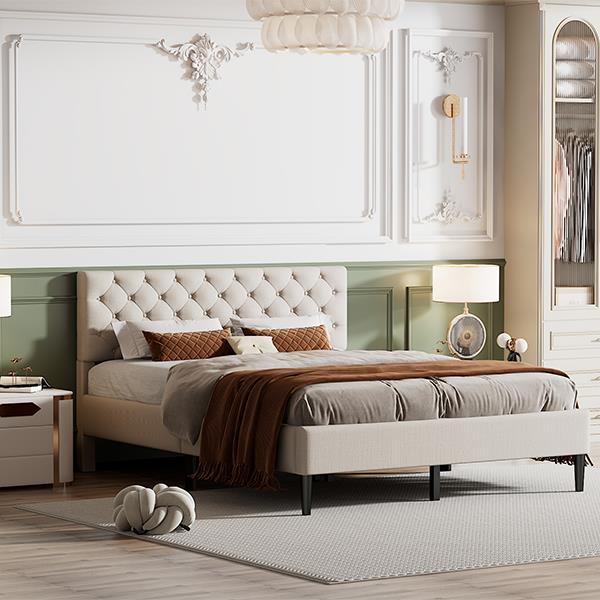 Upholstered Linen Platform Bed, Queen Size, Beige