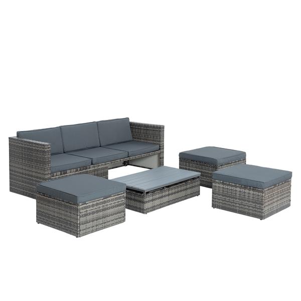 Patio Furniture, Outdoor Furniture, Seasonal PE Wicker Furniture,5 Set Wicker Furniture With Plywood Coffee Table,with lift TOP Coffee Table,with Lounger Sofa