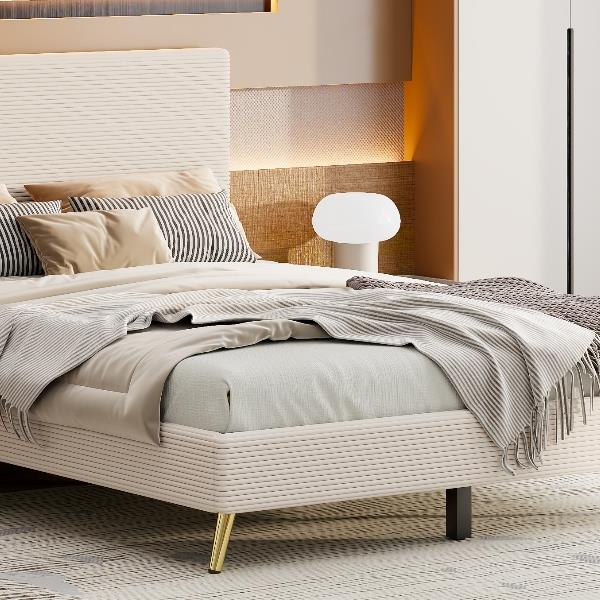 Queen Size Corduroy Upholstered Bed Frame, Platform Bed with Horizontal Stripe Headboard, No Box Spring Needed, Beige