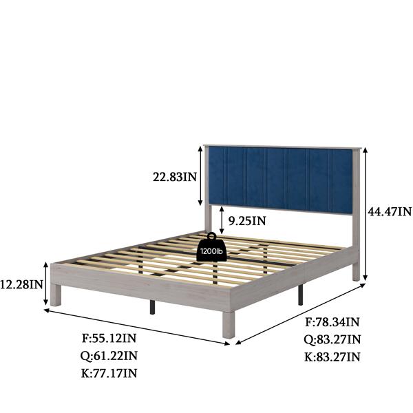 Full Bed Frame, Wood with Wood Headboard Bed Frame with upholstered headboard /  Wood Foundation with Wood Slat Support / No Box Spring Needed / Easy Assembly