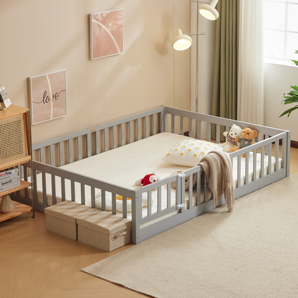 Fence Bed With Door With Board Grey Painted Pine Queen Children's Bed