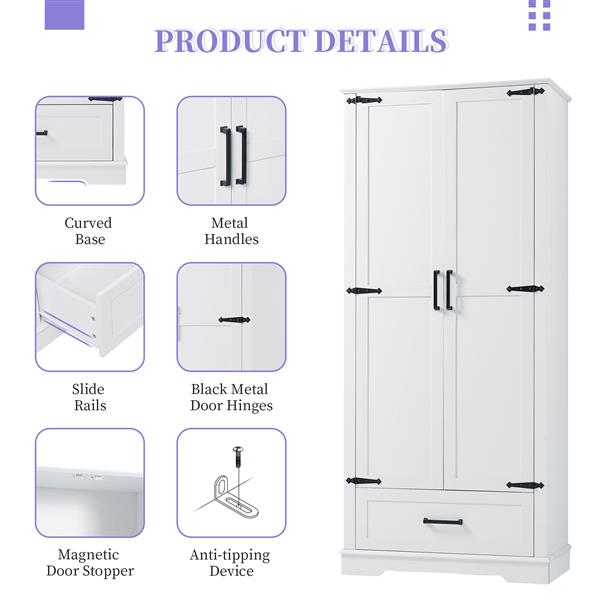 Tall Bathroom Storage Cabinet, Cabinet with Two Doors and One Drawer, Adjustable Shelf, MDF Board, White