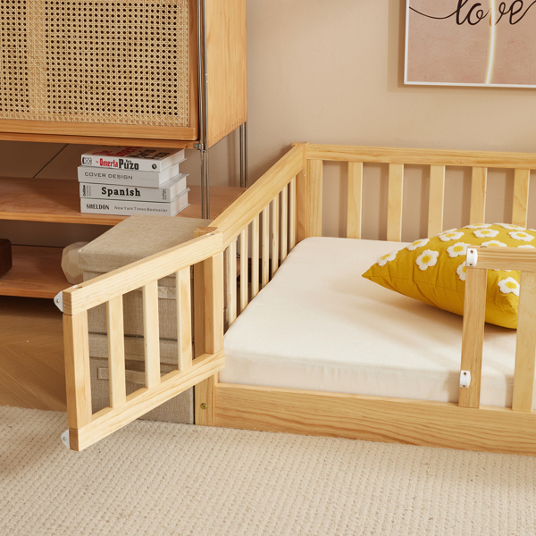 Fence bed with door and decking, natural wood color, painted surface, pine wood, twin children's bed