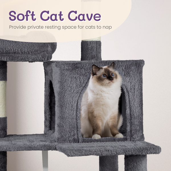 57 inch Cat Tree Cat Tower for Indoor Cats, Cat House with Padded Platform Bed, Toy Balls, Large Cozy Condo and Sisal Scratching Posts, Dark Grey