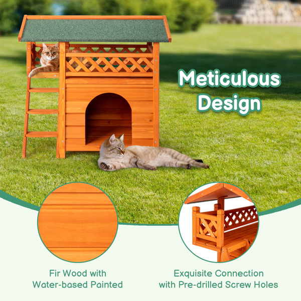 2-Story Wooden Feral Cat House Outdoor Indoor Kitty Houses with Door & Stairs & Weatherproof Roof, Orange & Green