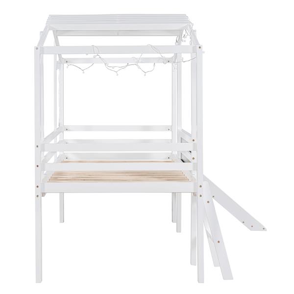 Twin Size Loft Bed with Ladder and Slide, House Bed with Blackboard and Light Strip on the Roof, White