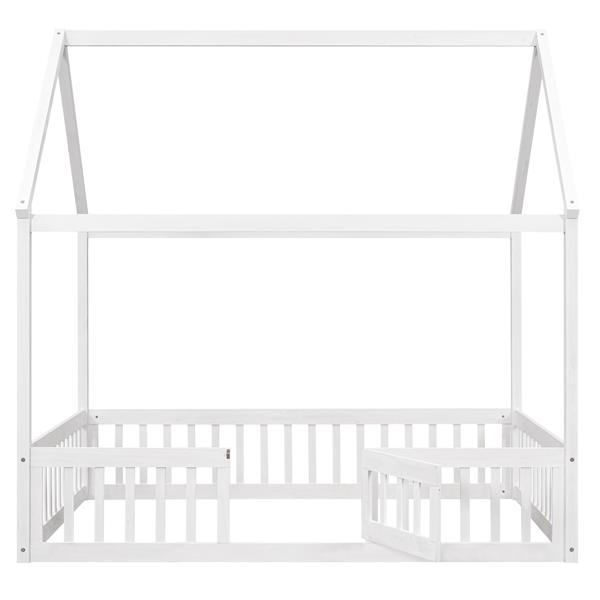 Full Size Wood House Bed with Fence and Door, White Wash