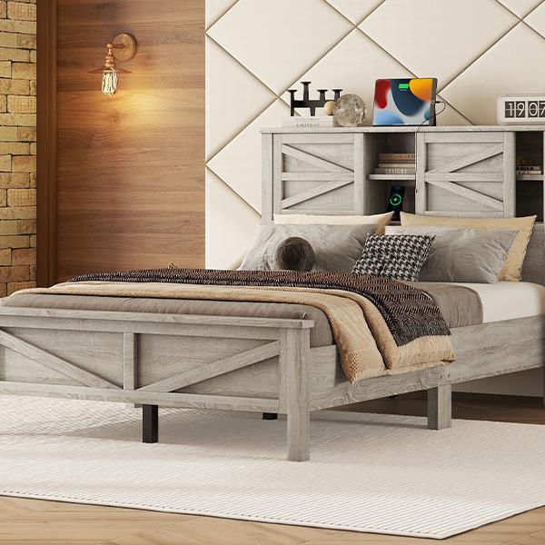 Farmhouse Platform Bed with Double Sliding Barn Door, Full Size Rustic Wood Bed with
Charging Station, Wood Slats Support, Antique Gray