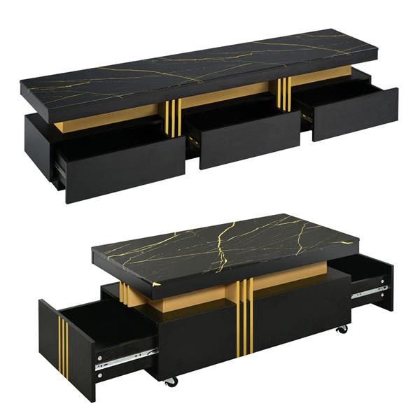 Modern Luxury TV Stand and Coffee Table Set of 2, High Gloss Faux Marble Top, TV Stand for TVs Up to 78'', Rectangle Coffee Table with Caster Wheels for Living Room, Black