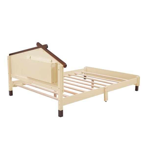 Full Size Wood Platform Bed with House-shaped Headboard and Motion Activated Night Lights (Cream+Walnut)