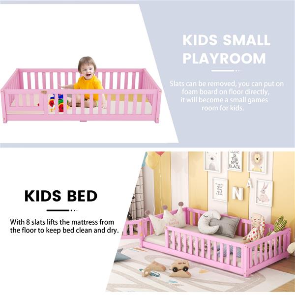 Twin Size Bed Floor Bed with Safety Guardrails and Door for Kids, Pink