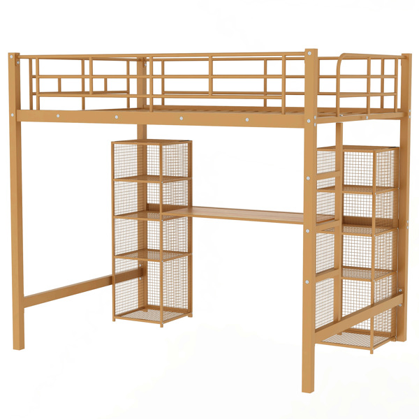 Full Size Metal Loft Bed with Built-in Desk and Shelves, Gold+Brown