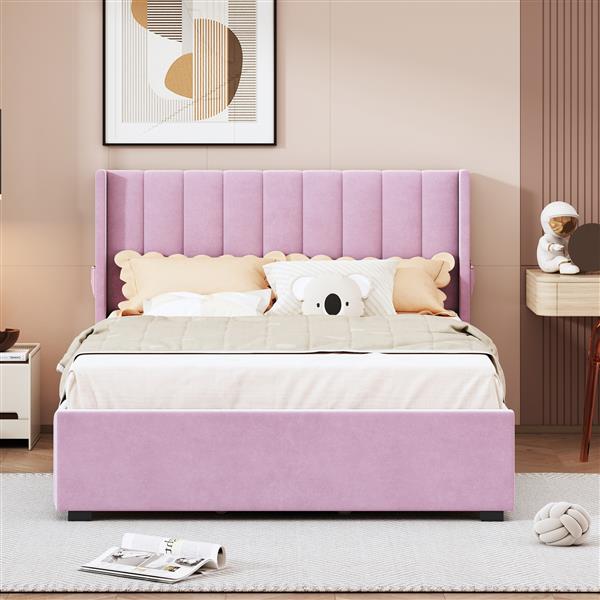 Full Size Upholstered Bed with 4 Drawers, Pink