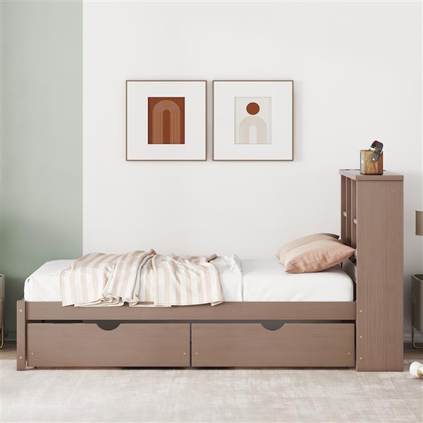 Modern Twin Size Bed Frame With Built-in USB Port on Bookcase Headboard and 2 Drawers for Walnut Color