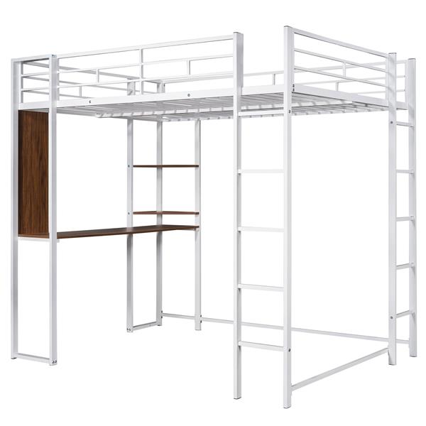 Full Size Metal Loft Bed with 2 Shelves and one Desk ,White