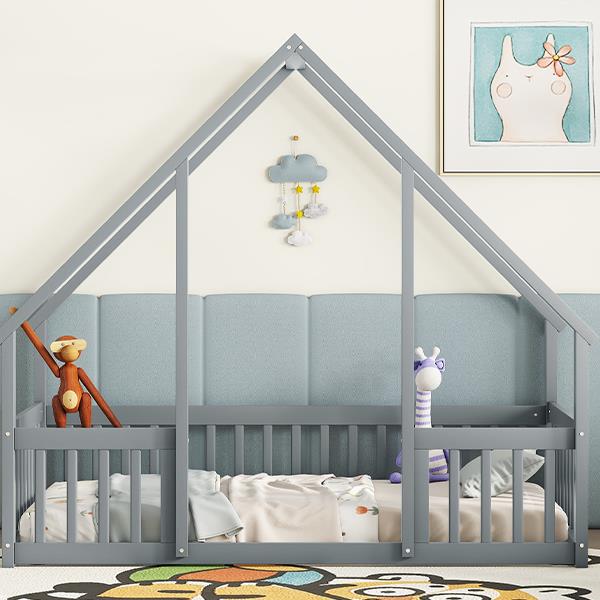 Twin Wood House-Shaped Floor Bed with Fence, Guardrails ,Grey