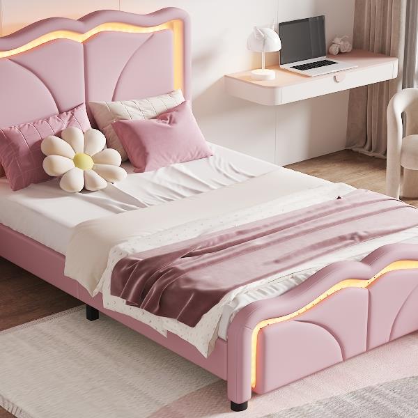 Twin Size Upholstered Platform Bed with Curve Shaped and Height-adjustbale Headboard,LED Light Strips,Pink