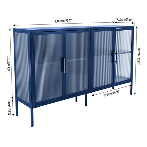 Stylish 4-Door Tempered Glass Cabinet with 4 Glass Doors Adjustable Shelf and Feet Anti-Tip Dust-free Fluted Glass Kitchen Credenza Blue