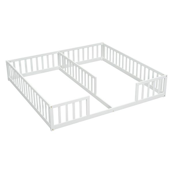 Double Twin Floor Bed with Fence, Guardrails, without door, White