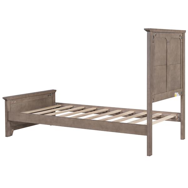 Farmhouse Wooden Platform Twin Size Bed with Panel Design Headboard and Footboard for Teenager, Ash Brown