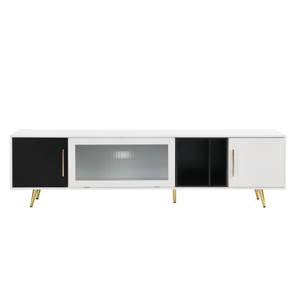 Stylish TV Stand with Golden Metal Handles&Legs, Two-tone Media Console for TVs Up to 80", Fluted Glass Door TV Cabinet with Removable Compartment for Living Room, White