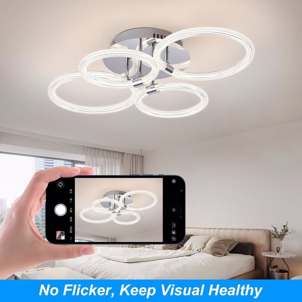 Modern LED Flush Mount Ceiling Light with Dimmable Remote Control, 6Rings Acrylic for Bedroom, Living Room, Kitchen, Office Lamps (4 heads)[Unable to ship on weekends, please note that]