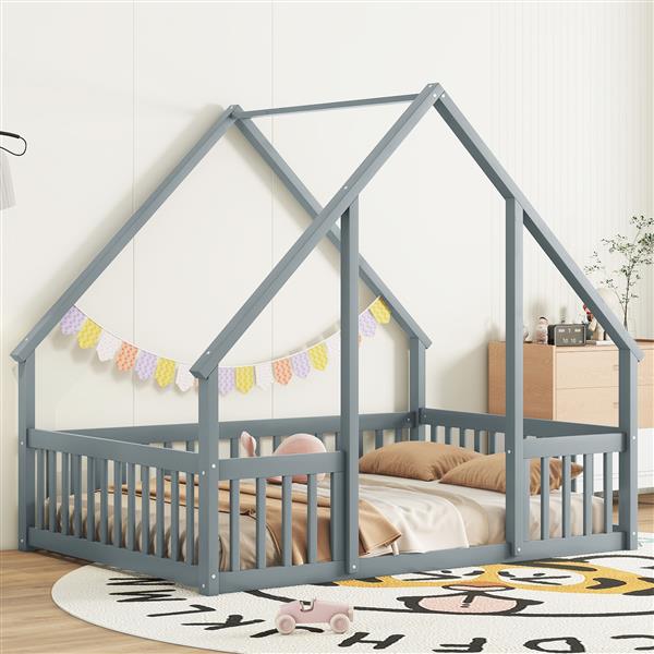 Full Wood House-Shaped Floor Bed with Fence, Guardrails,Grey