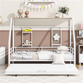 Twin Size Metal House Bed with Trundle, White