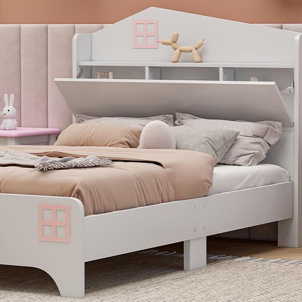 Wooden Twin Size House Bed with Storage Headboard ,Kids Bed with Storage Shelf, White