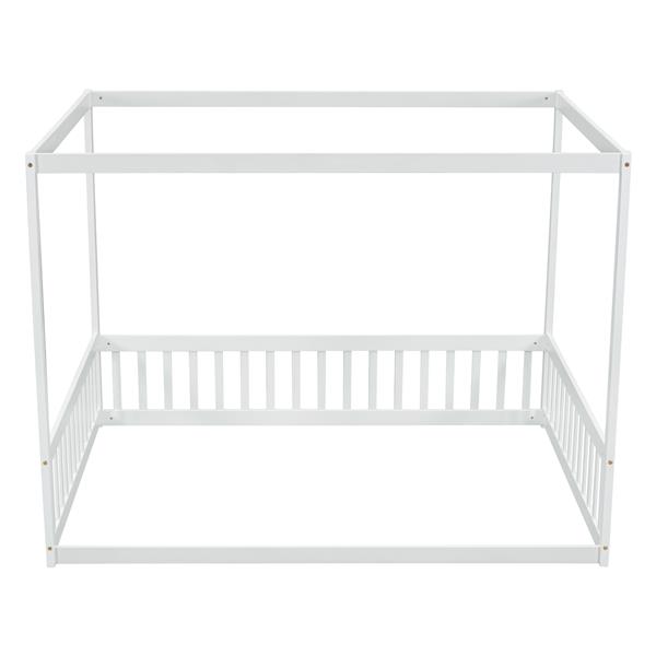 Full Size Canopy Frame Floor Bed with Fence, Guardrails,White