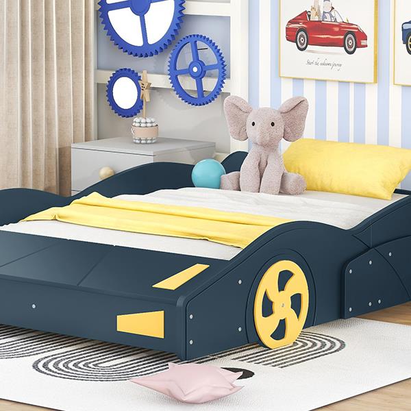 Full Size Race Car-Shaped Platform Bed with Wheels and Storage, Dark Blue+Yellow