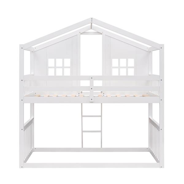 Twin Over Twin House Bunk Bed With Ladder, Wood Bed-White