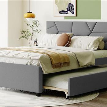 Full Size Upholstered Platform Bed with Brick Pattern Headboard and Twin Size Trundle, Linen Fabric, Gray