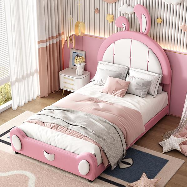 Twin Size Upholstered Platform Bed with Rabbit Shaped Headboard, Pink