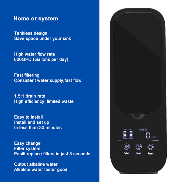 600GPD Alkaline High Flow Under Sink Reverse Osmosis Water Filtration System Water Purifier For Home 1.5:1 Drain Rate TDS Reduction