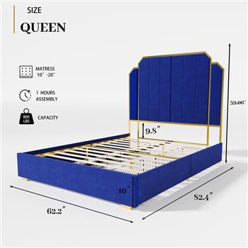 Queen Size Bed Frame and 59.06\\" Headboard, Upholstered Bed with lden Plating Trim, Modern Platform Bed No Box Spring Needed, Navy Blue Queen Bed