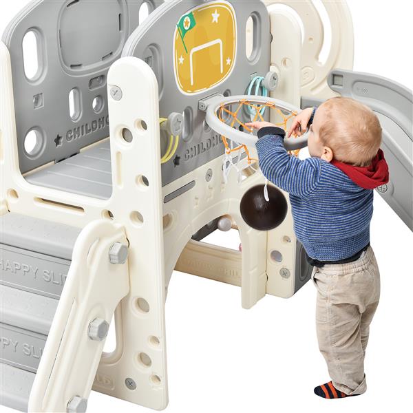 Kids Slide Playset Structure,  Castle Climbing Crawling Playhouse with Slide, Arch Tunnel, Ring Toss, and Basketball Hoop, Toy Storage Organizer for Toddlers, Kids Climbers Playground