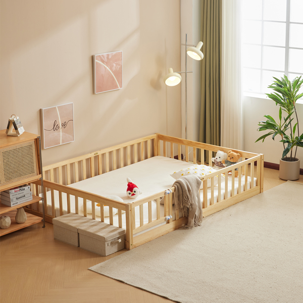 Fence bed with door and decking, natural wood color, painted surface, pine wood, full children's bed