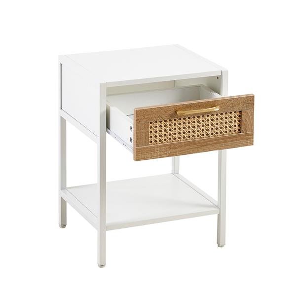 Set of 2, 15.74" Rattan End table with  drawer, Modern nightstand, metal legs,side table for living room, bedroom,white